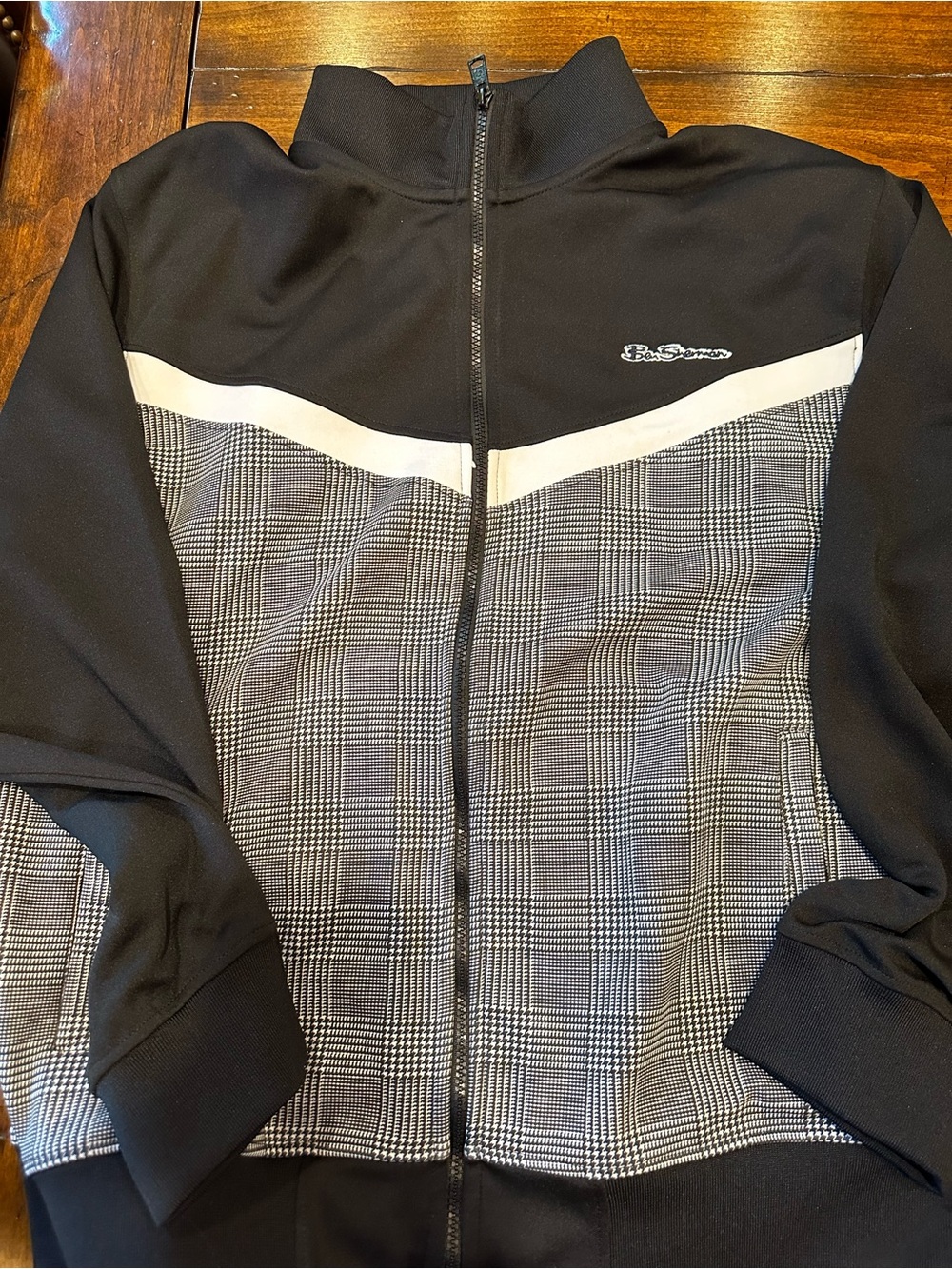 Ben Sherman Black Jacket with Gray Plaid Front and White Trim